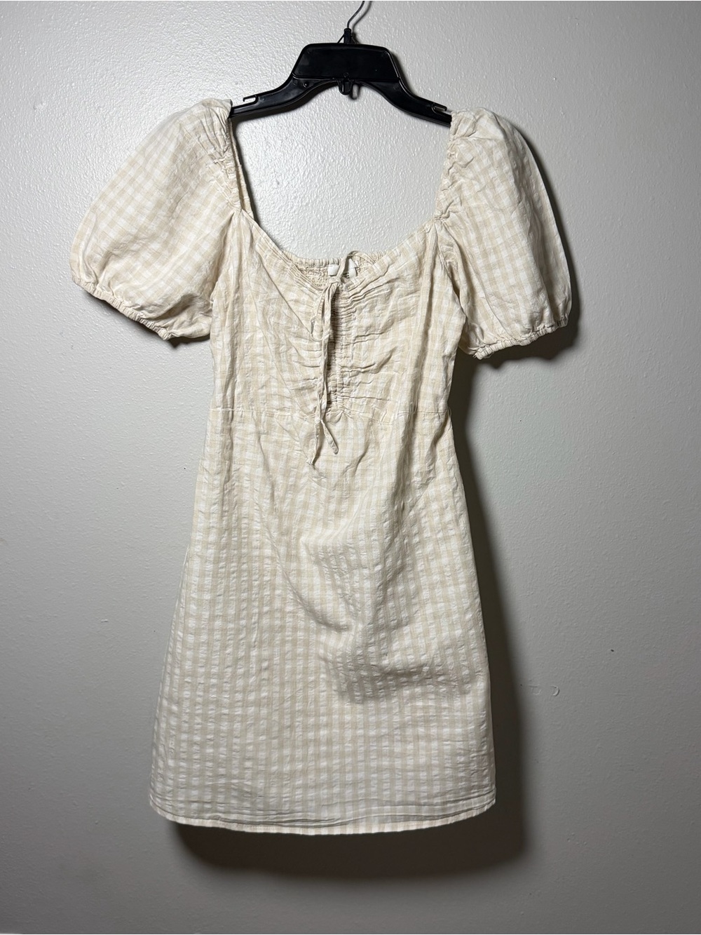 H&M Women Linen Cream Feminine Plaid Puff-Sleeve Gingham Mini Dress size M